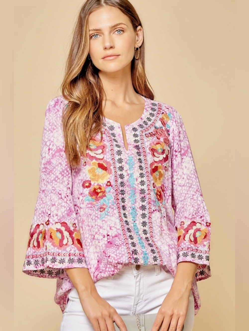 Savanna Jane South Beach Embroidered Split-Neck Tunic